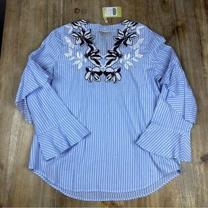 NWT CHOICE 100% Cotton Blue Striped Blouse with Black and White Embroidery